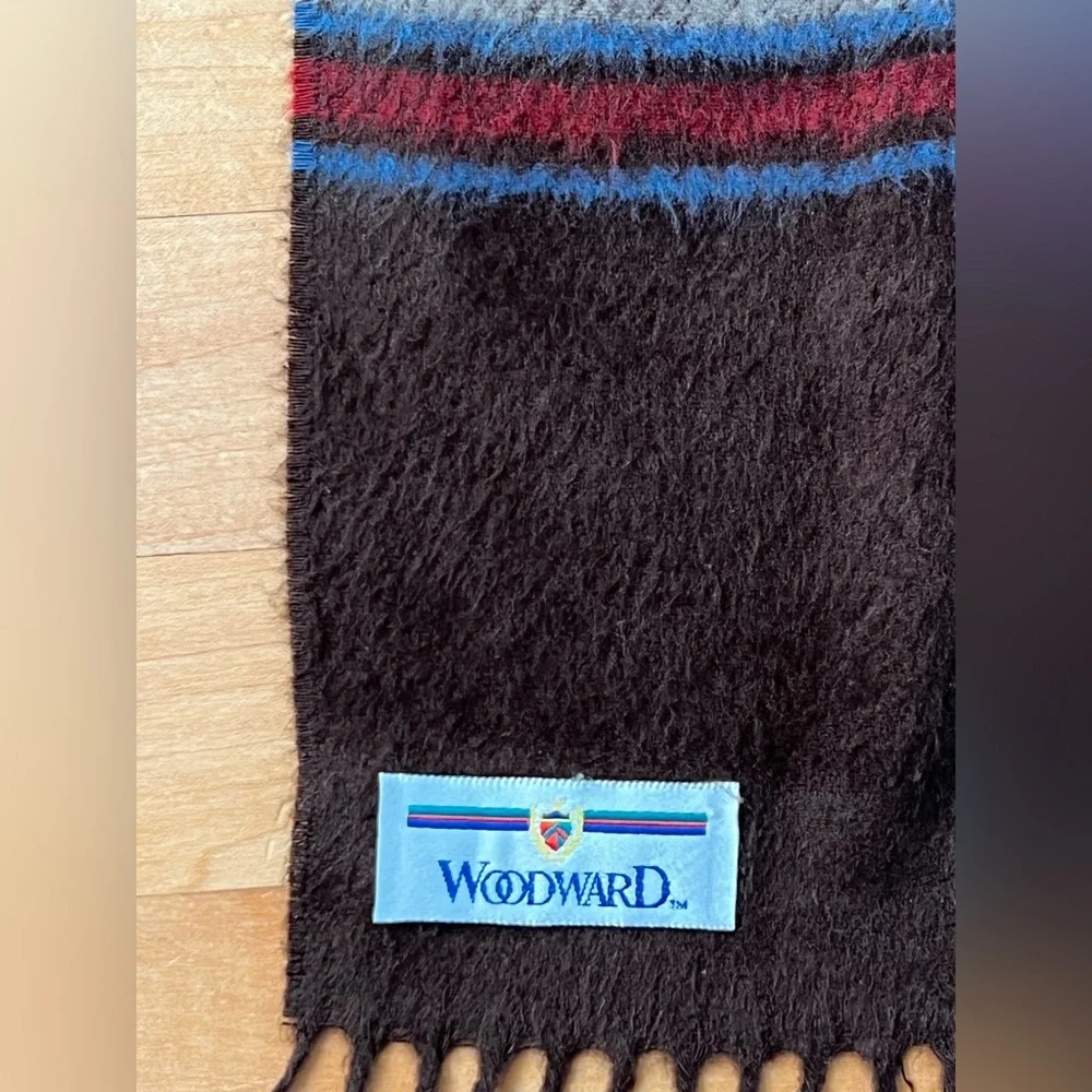 🐑Woodward Plaid Cashmere Wool Fringed Scarf | Taupe Brown Blue + Red